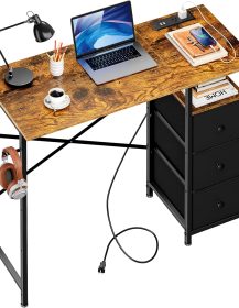 35.4 Inch Small Computer Desk with 3 Fabric Drawers and Power Outlet, Compact Study Desks for Small Spaces, Home Office Desk with Storage Shelf, Kids Girls Teen Study Writing Desk for Bedroom, Vintage