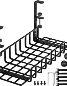Under Desk Cable Management Tray, 16” No Drill Cord Organizer with Clamps for Wire Management, 4mm Sturdy Wire Desk Cable Organizer Tray, Cable Management Rack for Office